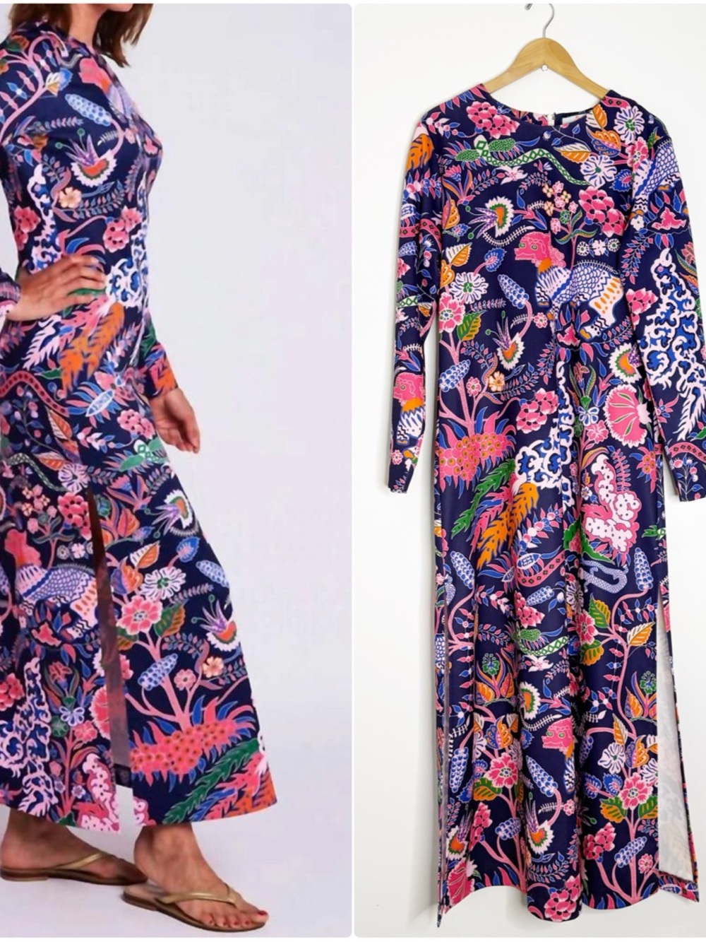 CK Bradley Ashton Eden Navy Multi Floral Maxi Dress XL Long Sleeve